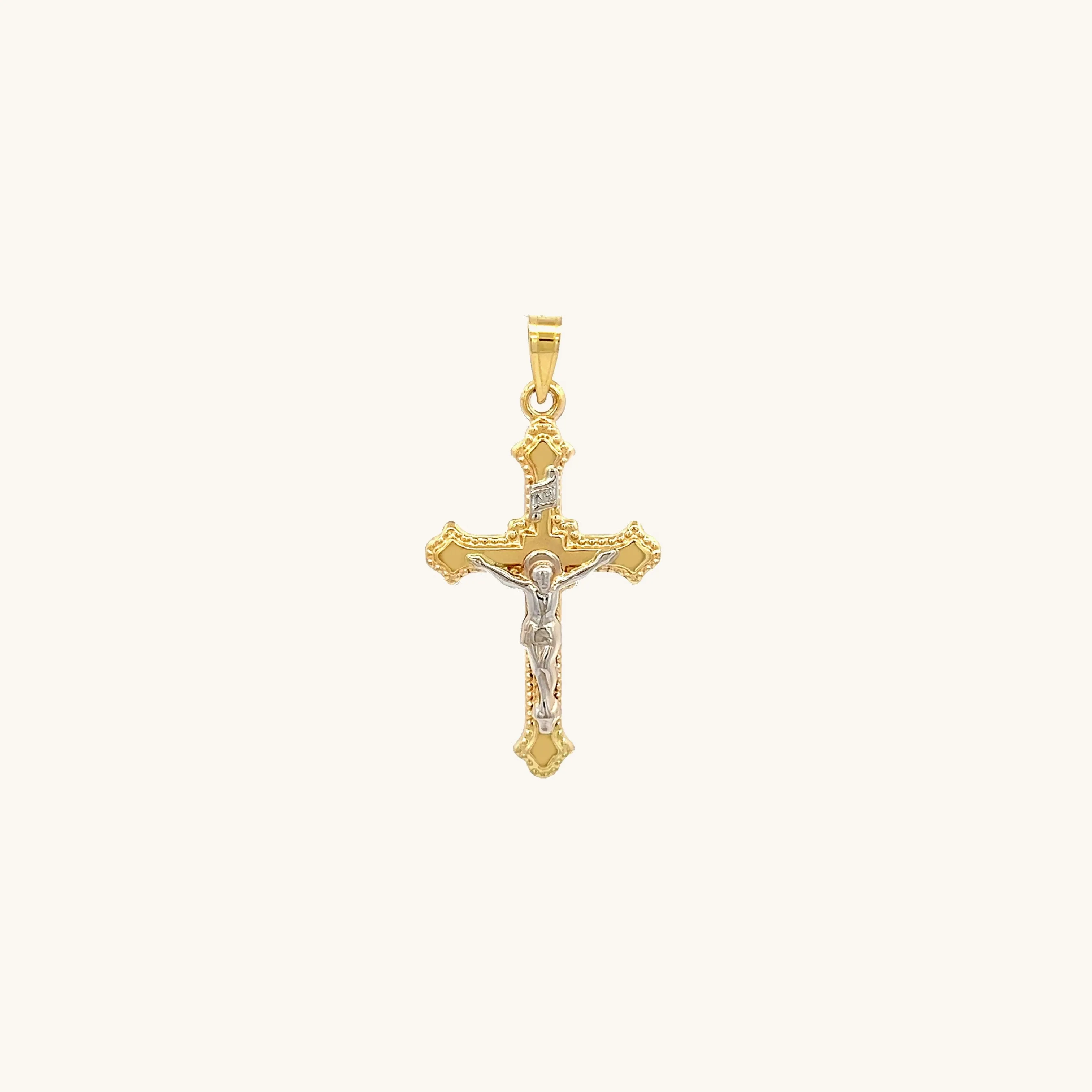 14K GOLD BUDDED EDGE INRI CRUCIFIX PENDANT