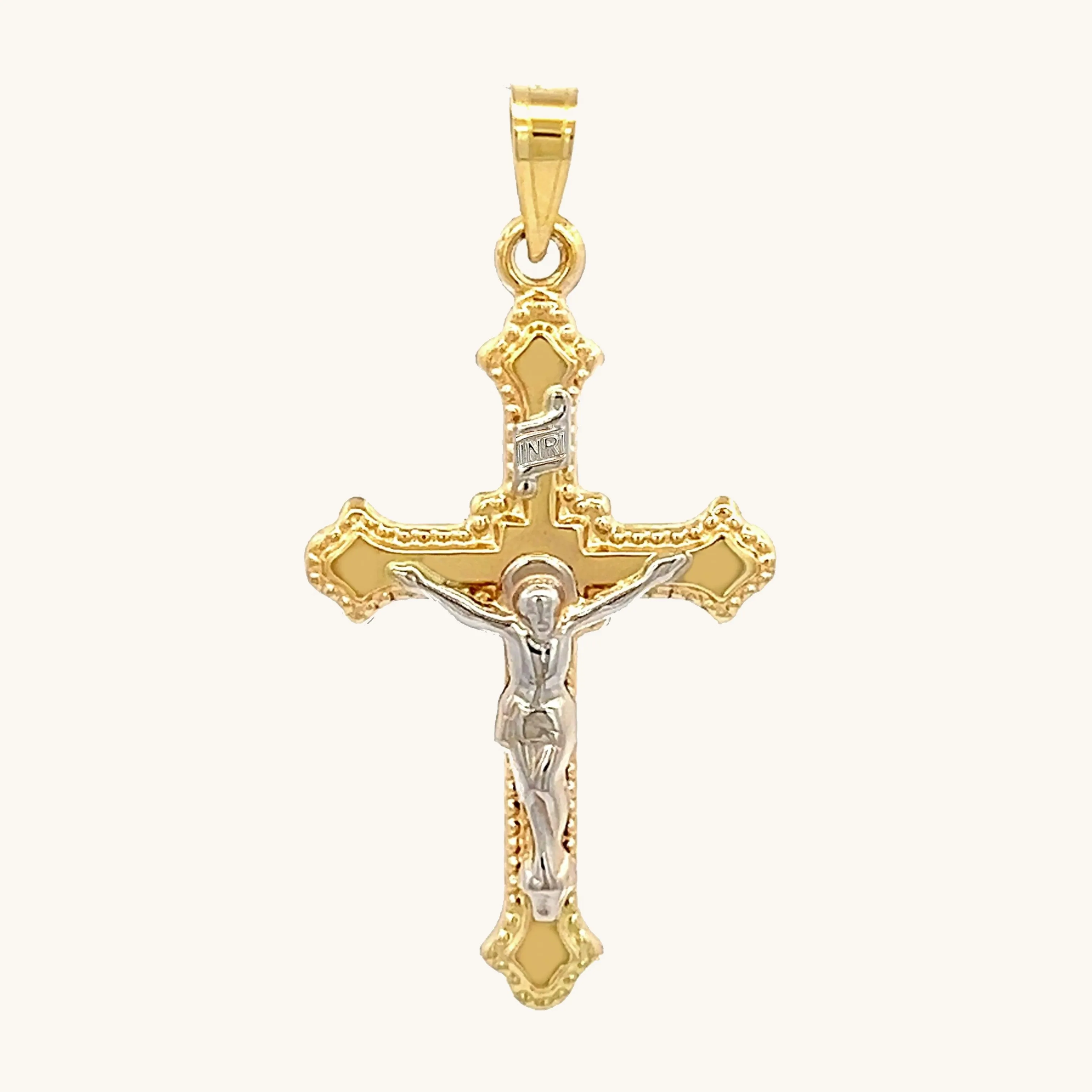 14K GOLD BUDDED EDGE INRI CRUCIFIX PENDANT