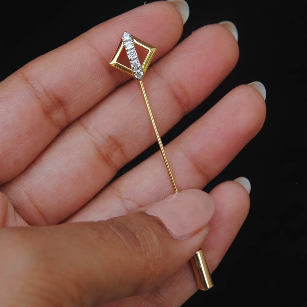 14K Gold Square & Diamond Lapel Stick Pin for Men