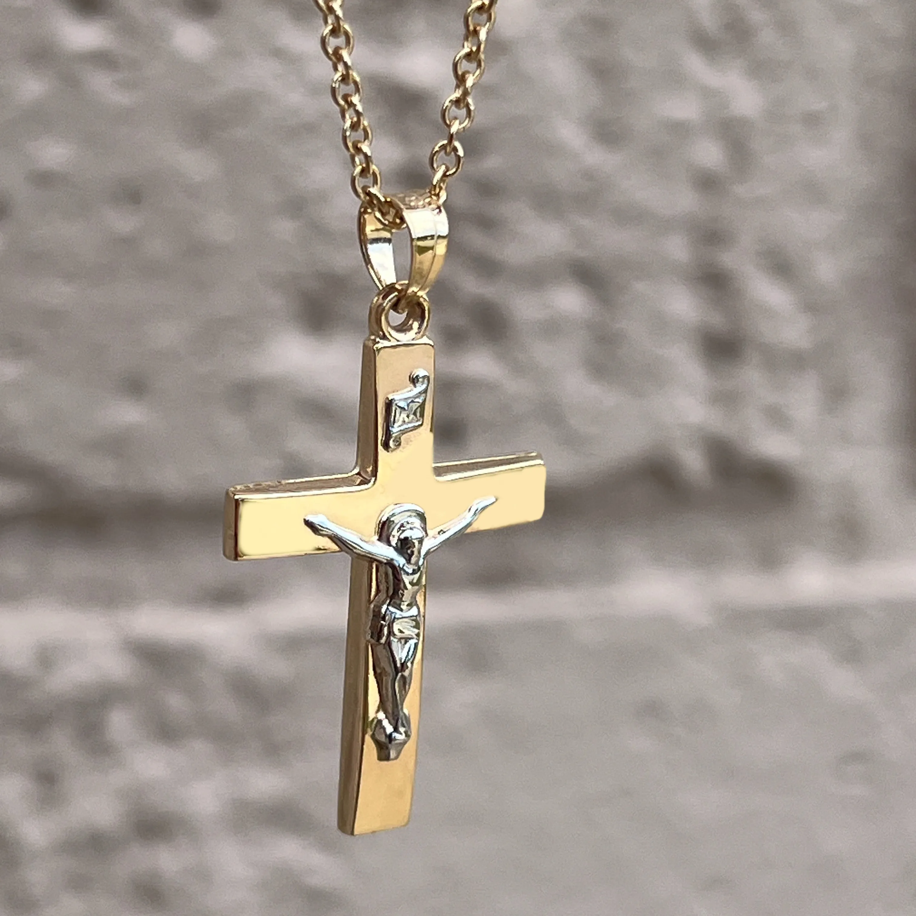 14K TWO TONE GOLD PLAIN POLISHED INRI CRUCIFIX PENDANT