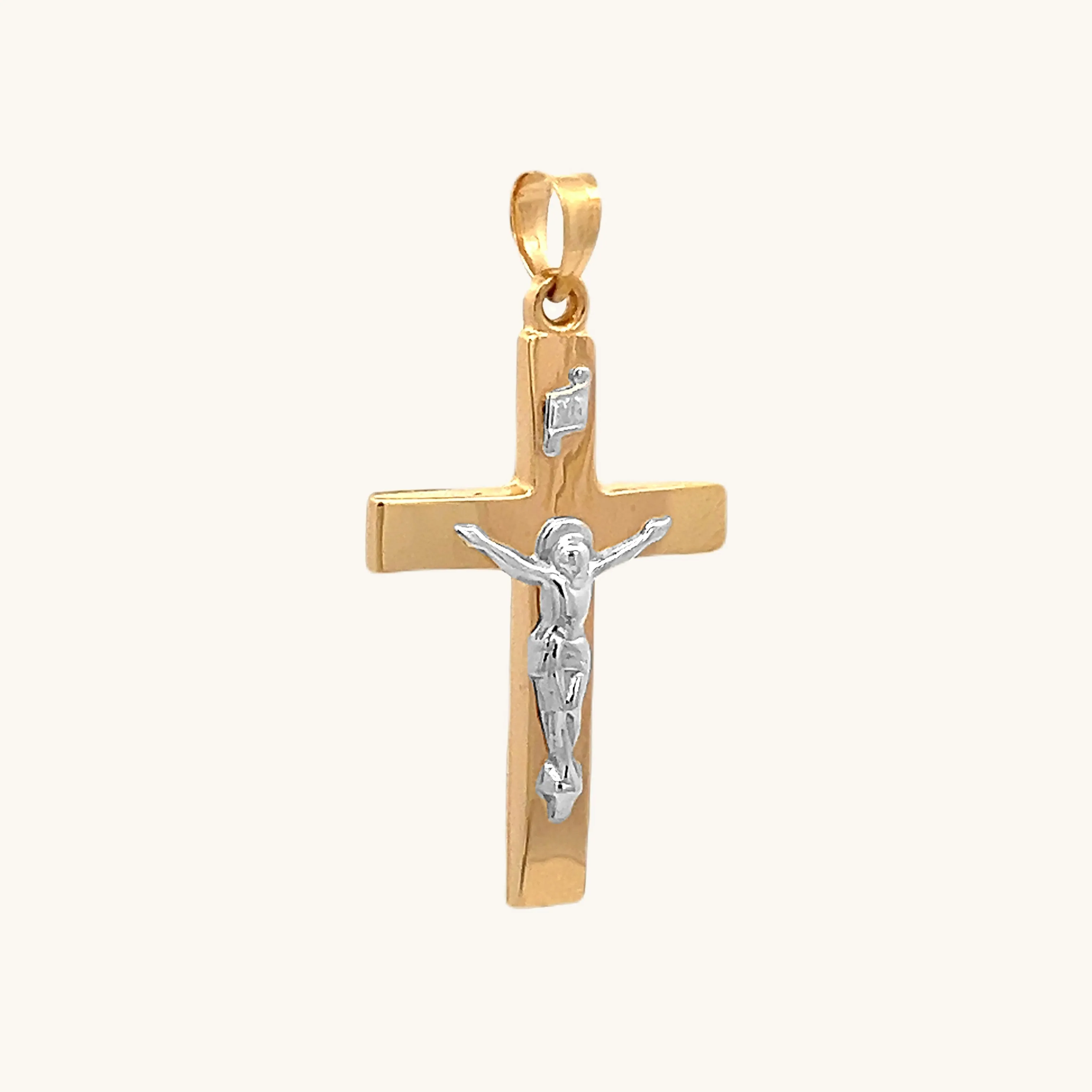 14K TWO TONE GOLD PLAIN POLISHED INRI CRUCIFIX PENDANT