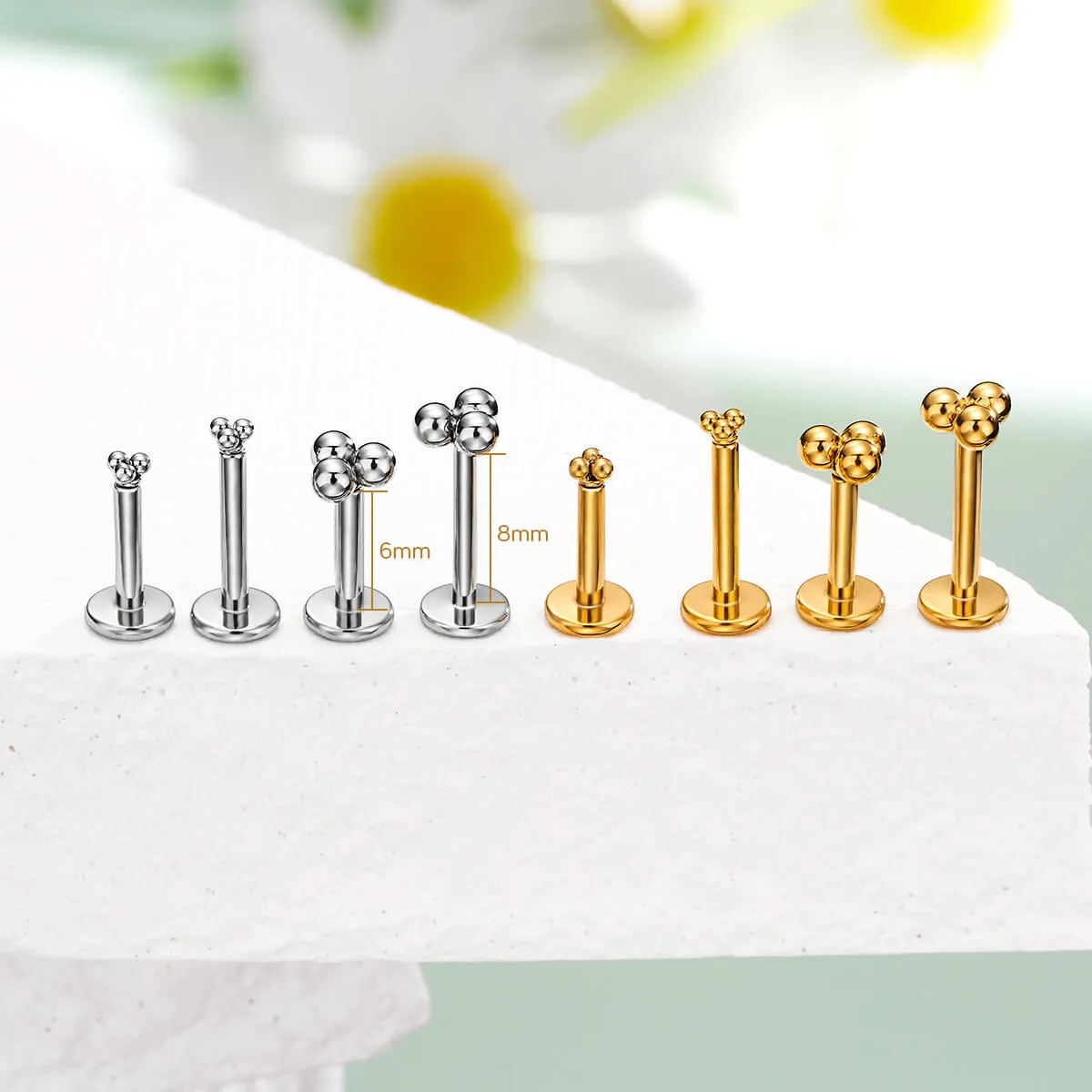 16G Three Balls Top Threadless/Push Pin Flat Back Labret Mantis Piercing Stud