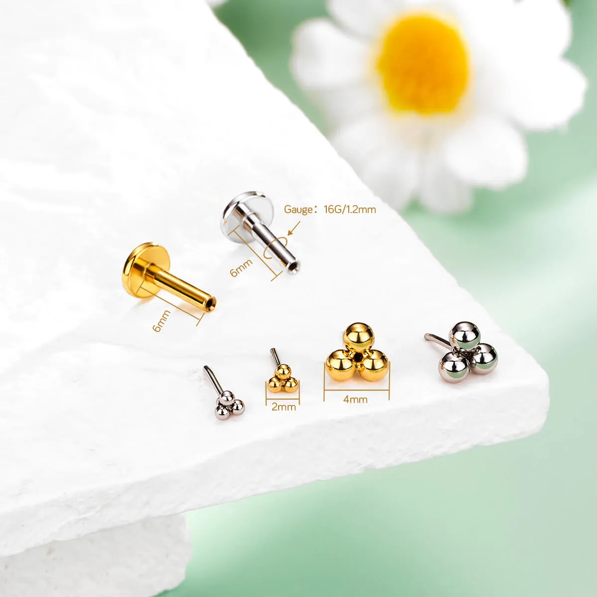 16G Three Balls Top Threadless/Push Pin Flat Back Labret Mantis Piercing Stud