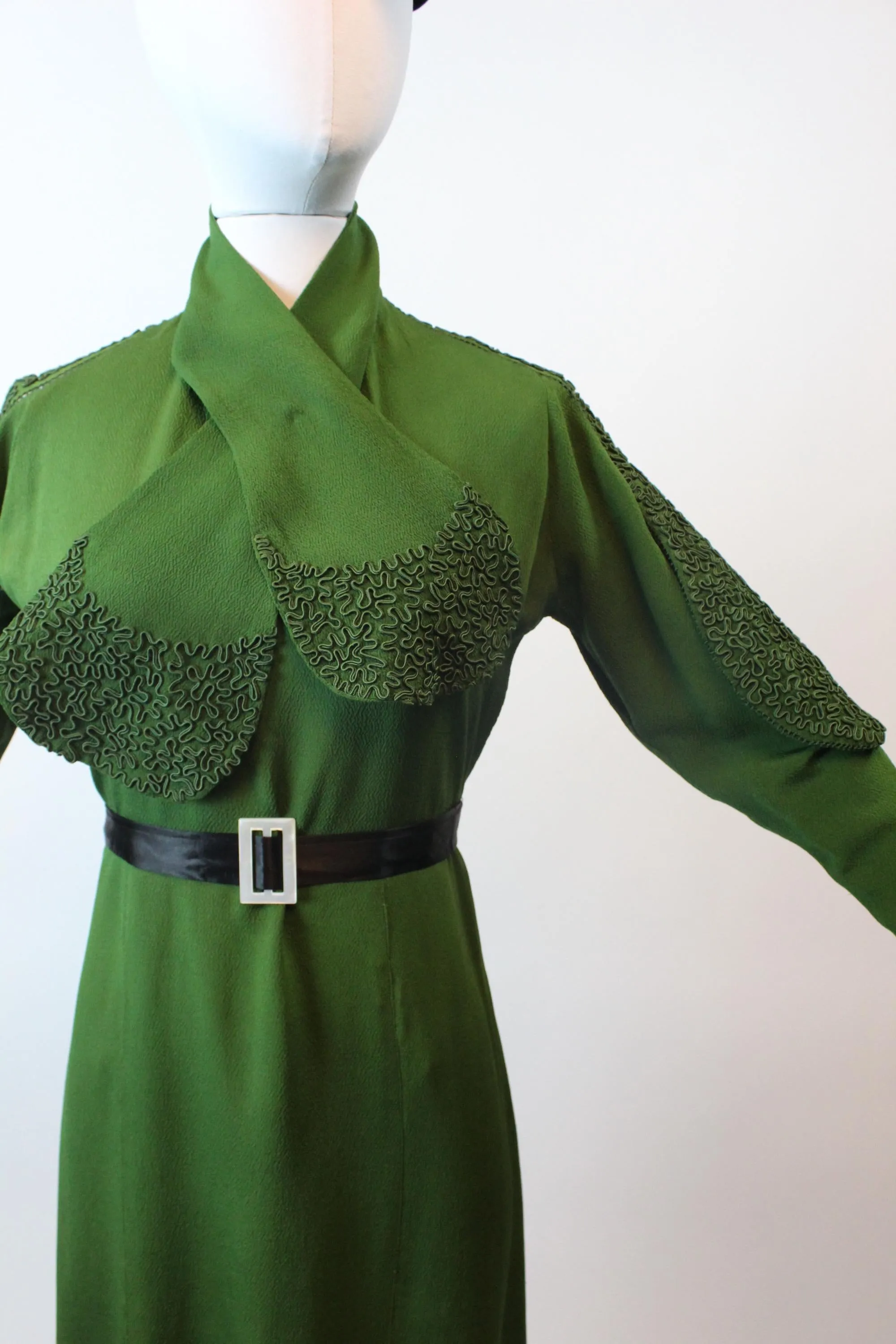 1930s RICH green RAYON soutache scarf dress medium | new fall winter