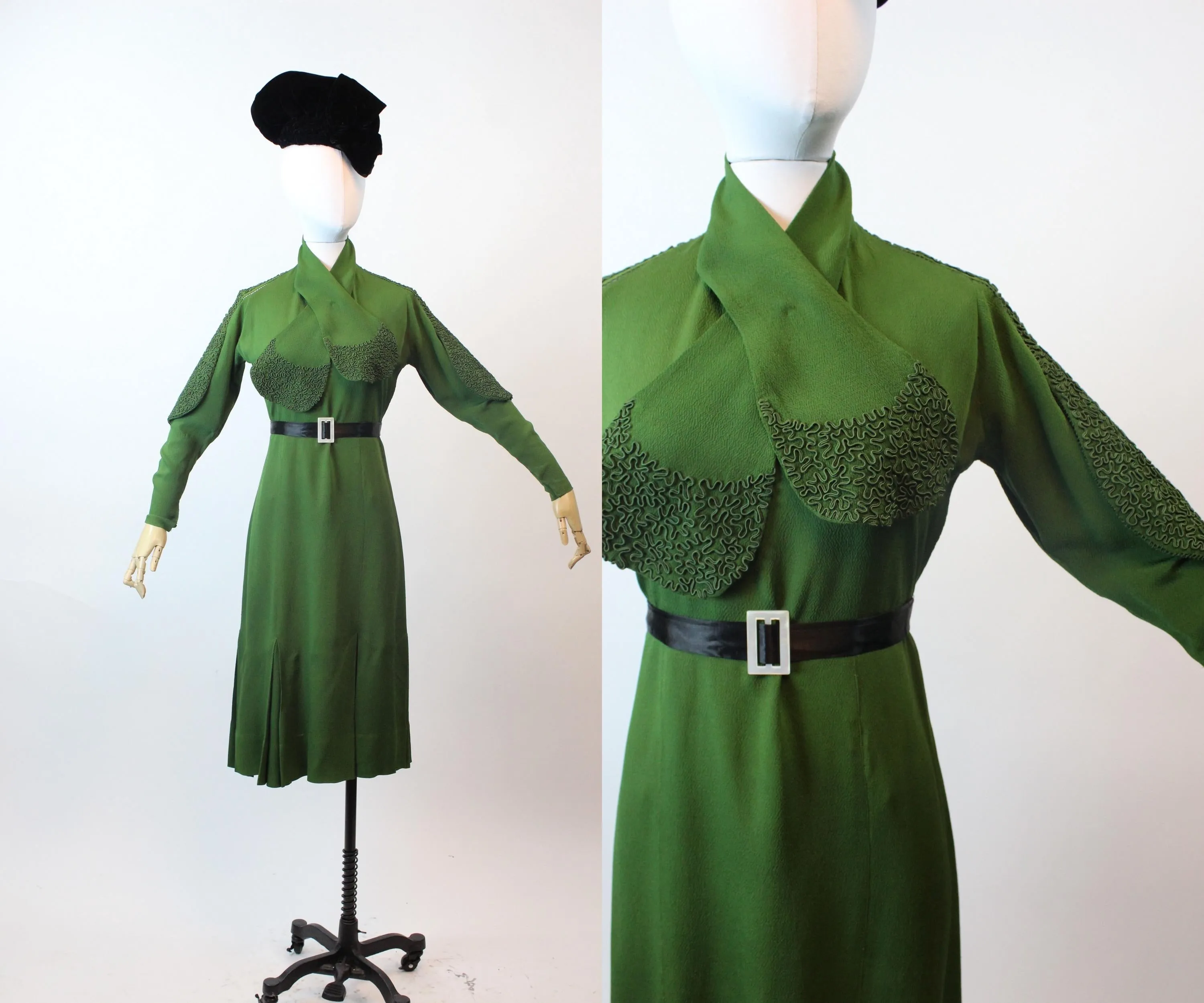 1930s RICH green RAYON soutache scarf dress medium | new fall winter