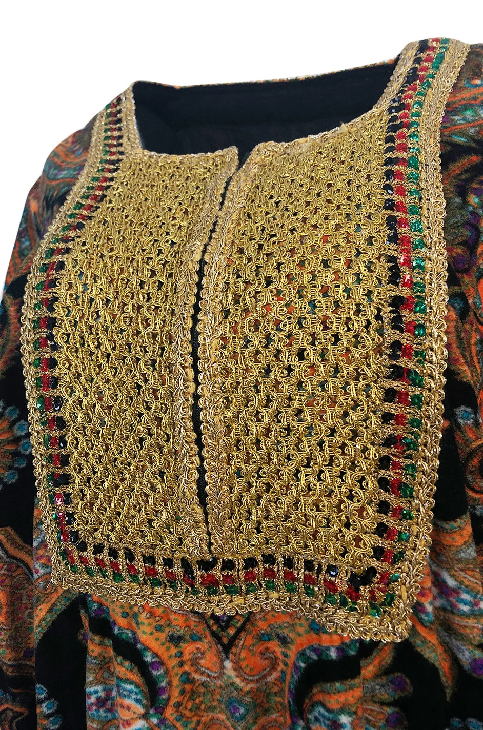 1960s Unlabeled Printed Velveteen & Elaborate Gold Braid Caftan Dress