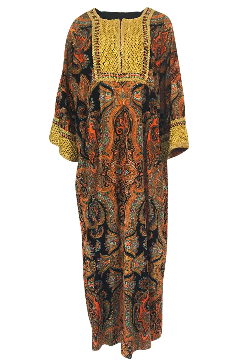 1960s Unlabeled Printed Velveteen & Elaborate Gold Braid Caftan Dress