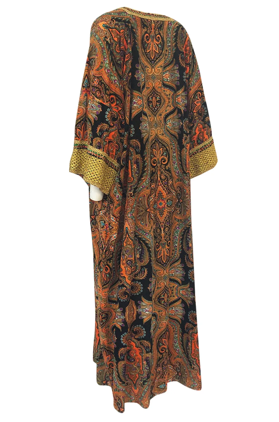 1960s Unlabeled Printed Velveteen & Elaborate Gold Braid Caftan Dress