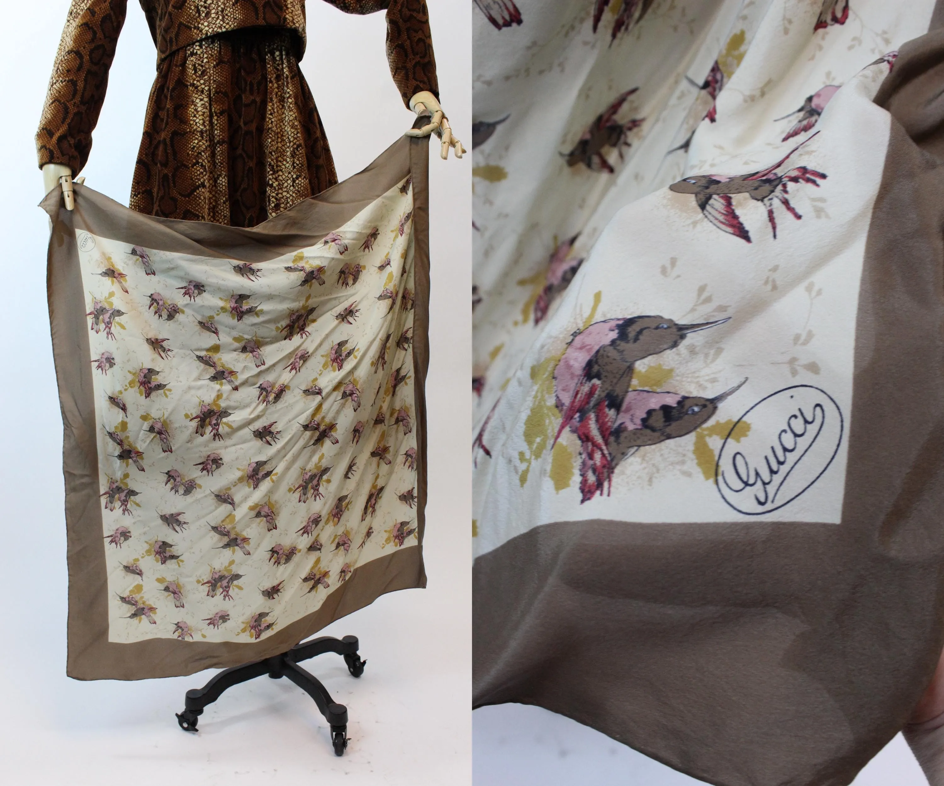 1970s GUCCI bird print SILK scarf | new fall winter