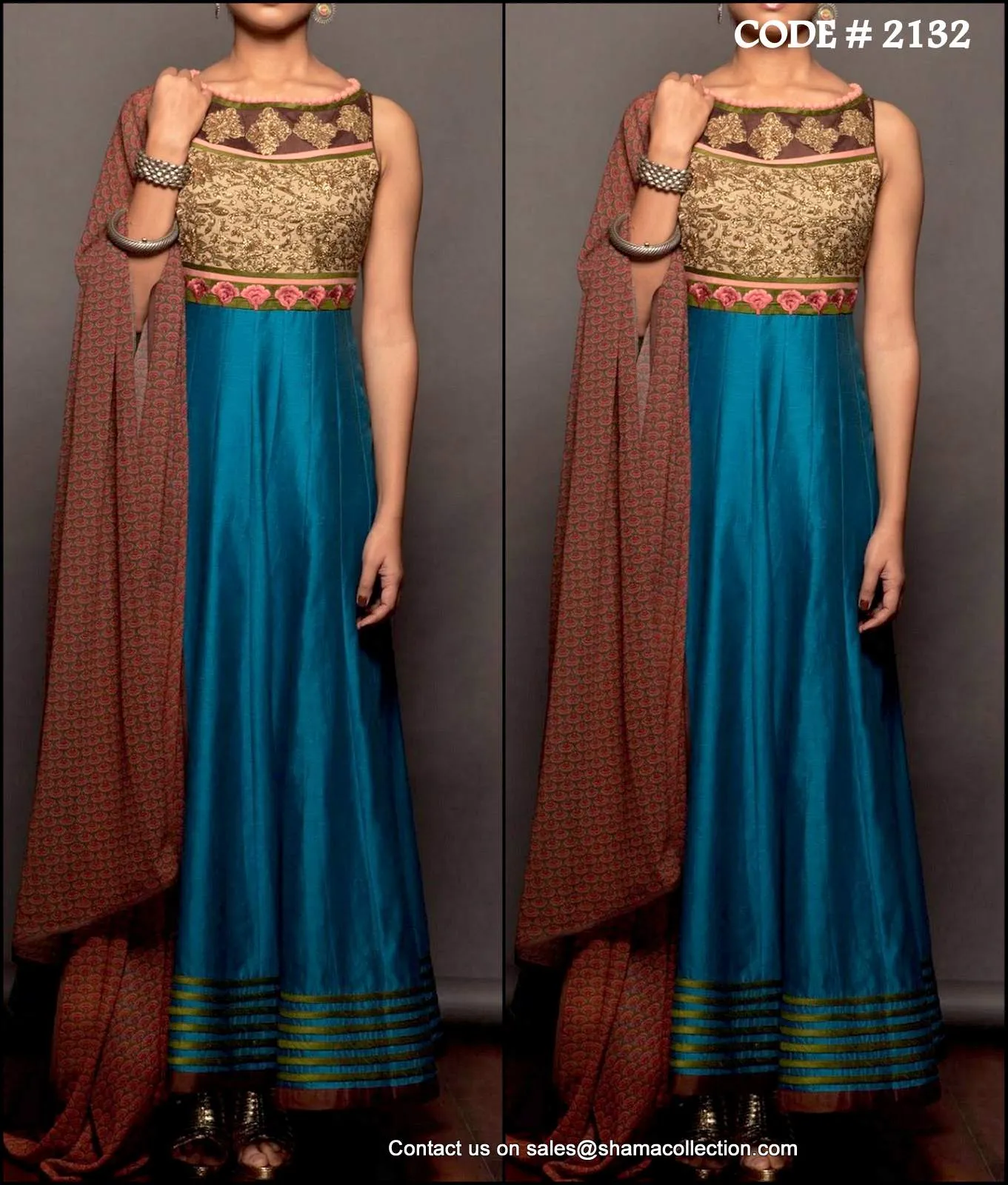 2132 Blue-brown anarkali gown Outfit Sets
