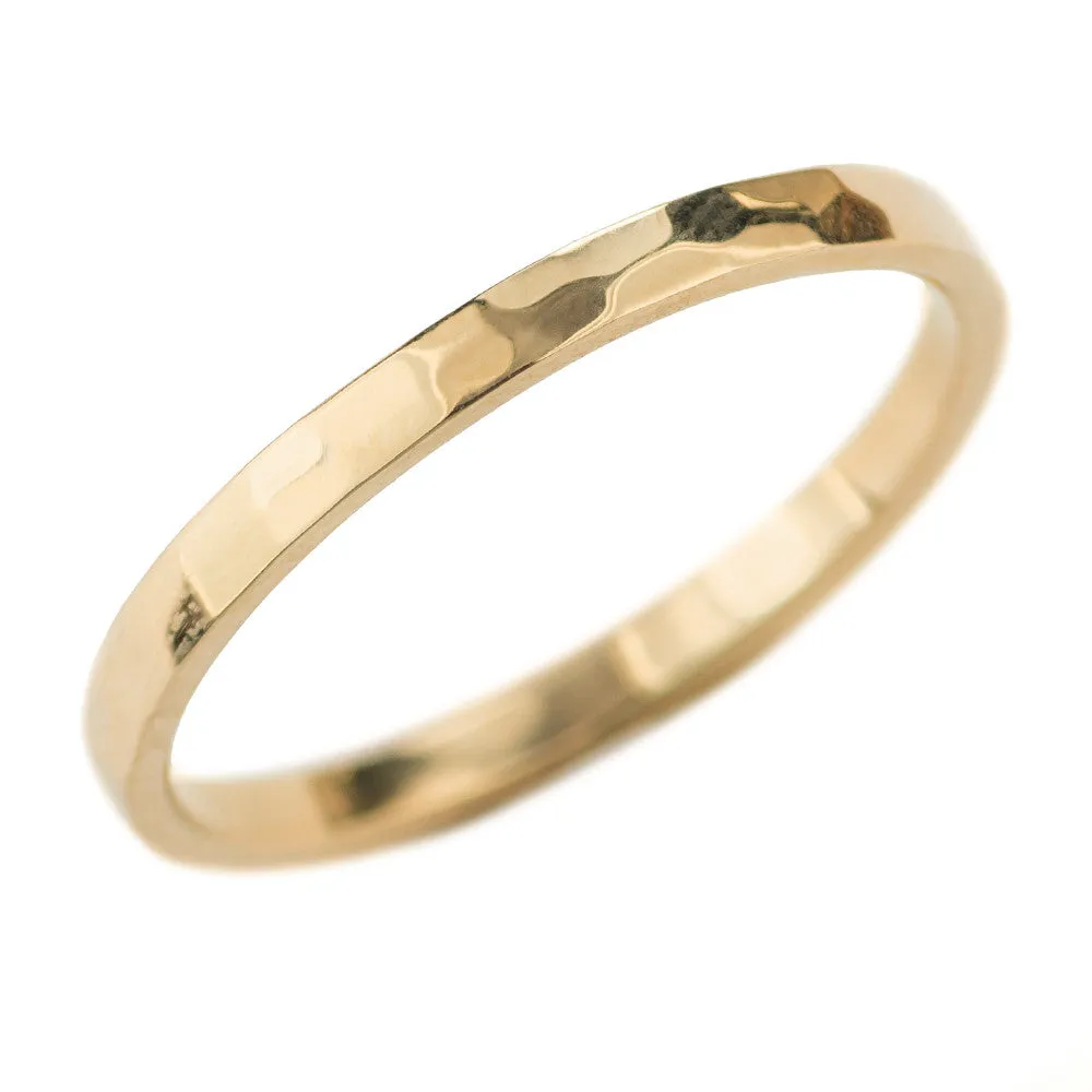 2mm Wide x 1.7mm Thick, 14k Yellow Gold Rectangle Wedding Band, Hammered Polished