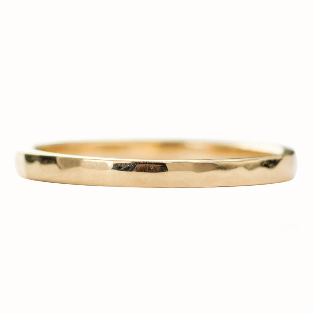 2mm Wide x 1.7mm Thick, 14k Yellow Gold Rectangle Wedding Band, Hammered Polished