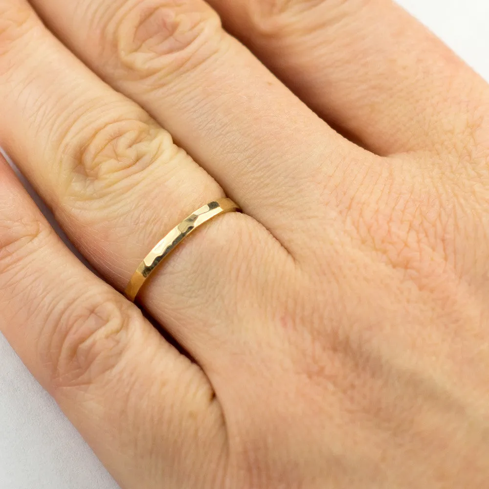 2mm Wide x 1.7mm Thick, 14k Yellow Gold Rectangle Wedding Band, Hammered Polished