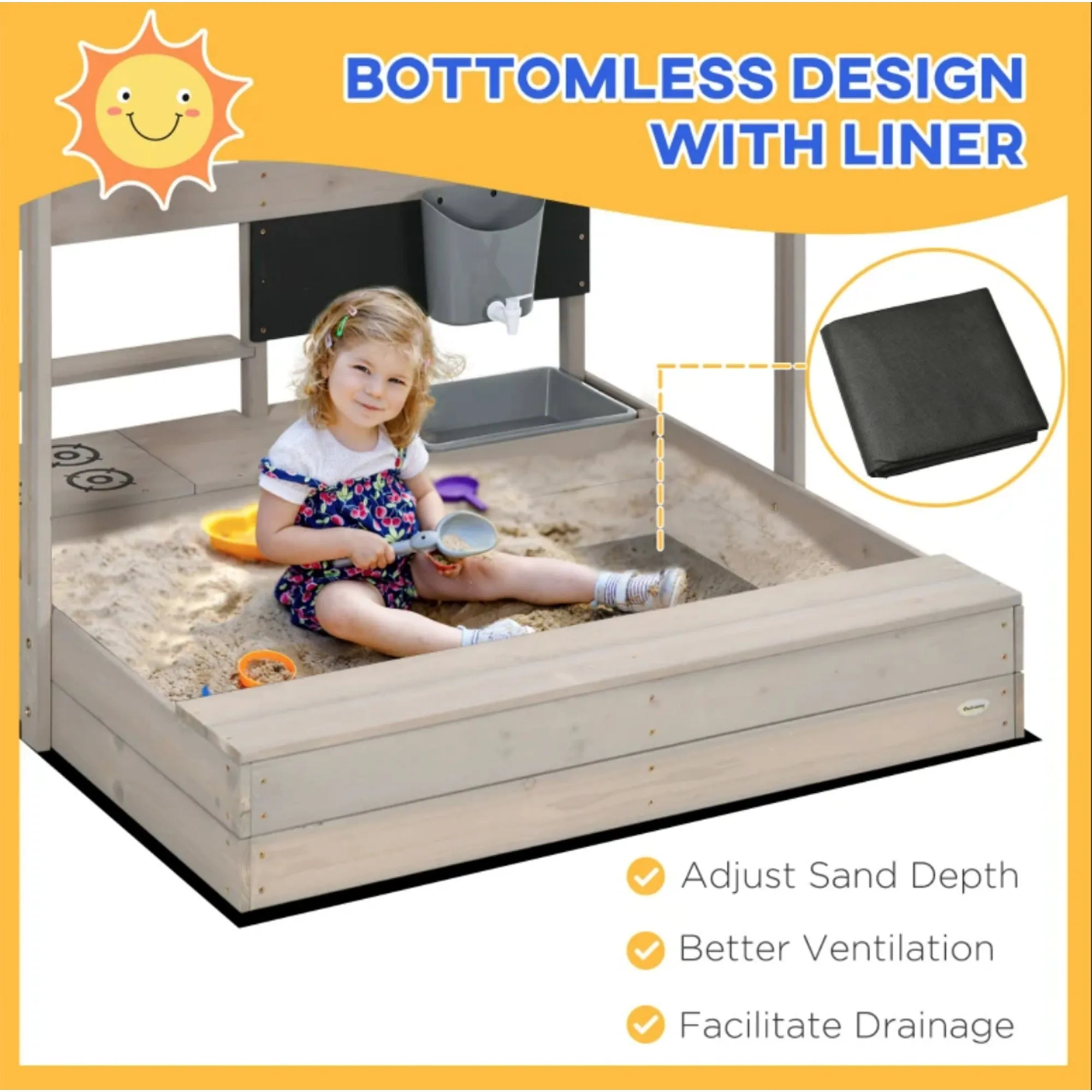 3-in-1 Montessori Eco Natural Fir Wood Sandpit, Mud Kitchen and Water Play with Sun Canopy & Cover | 3-8 Years