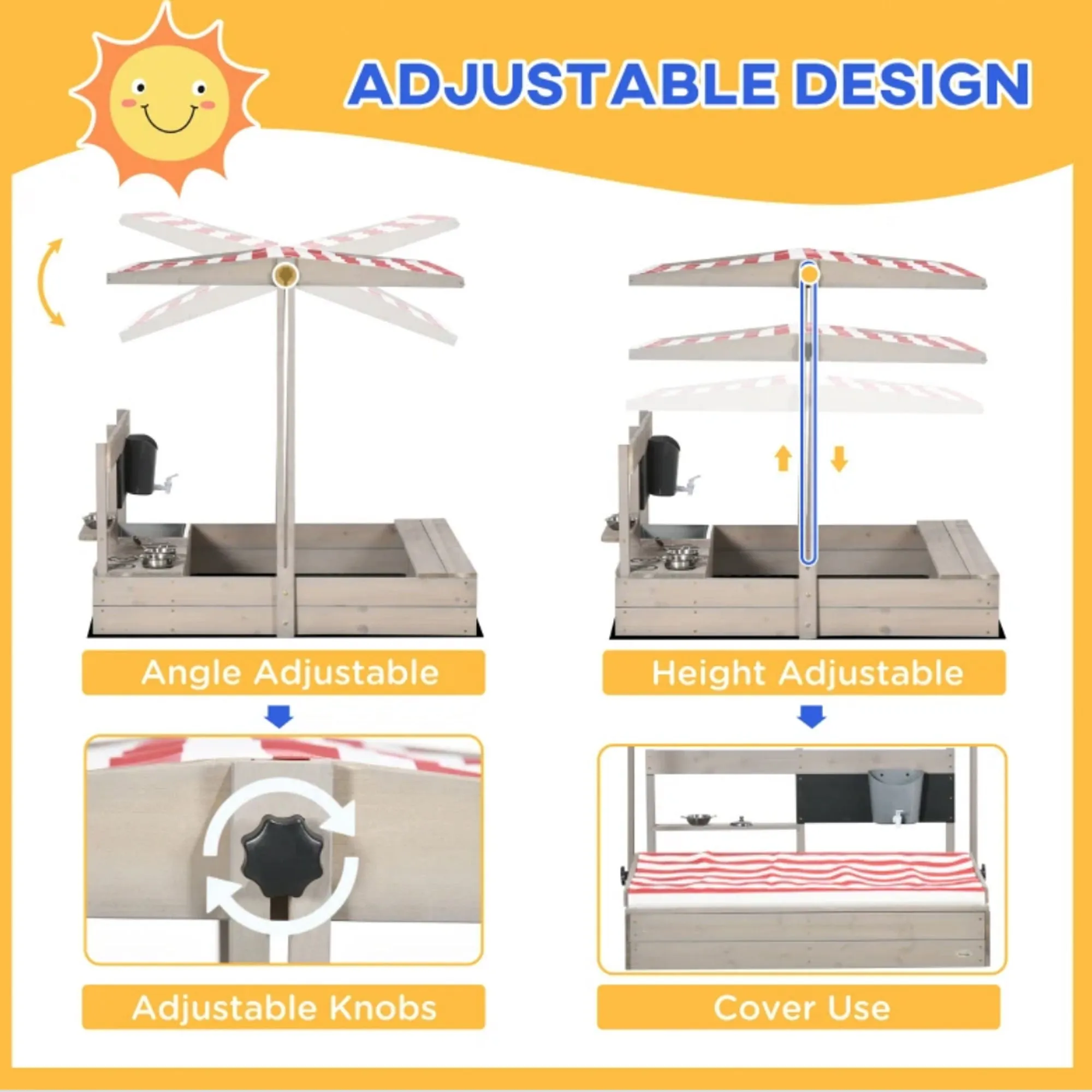 3-in-1 Montessori Eco Natural Fir Wood Sandpit, Mud Kitchen and Water Play with Sun Canopy & Cover | 3-8 Years