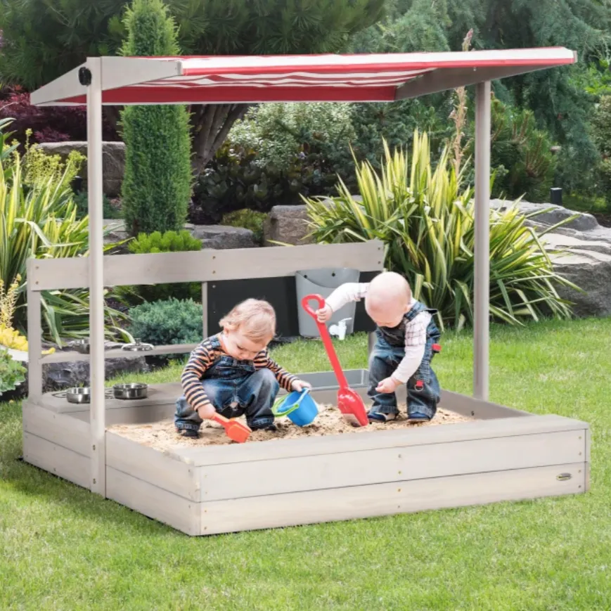3-in-1 Montessori Eco Natural Fir Wood Sandpit, Mud Kitchen and Water Play with Sun Canopy & Cover | 3-8 Years