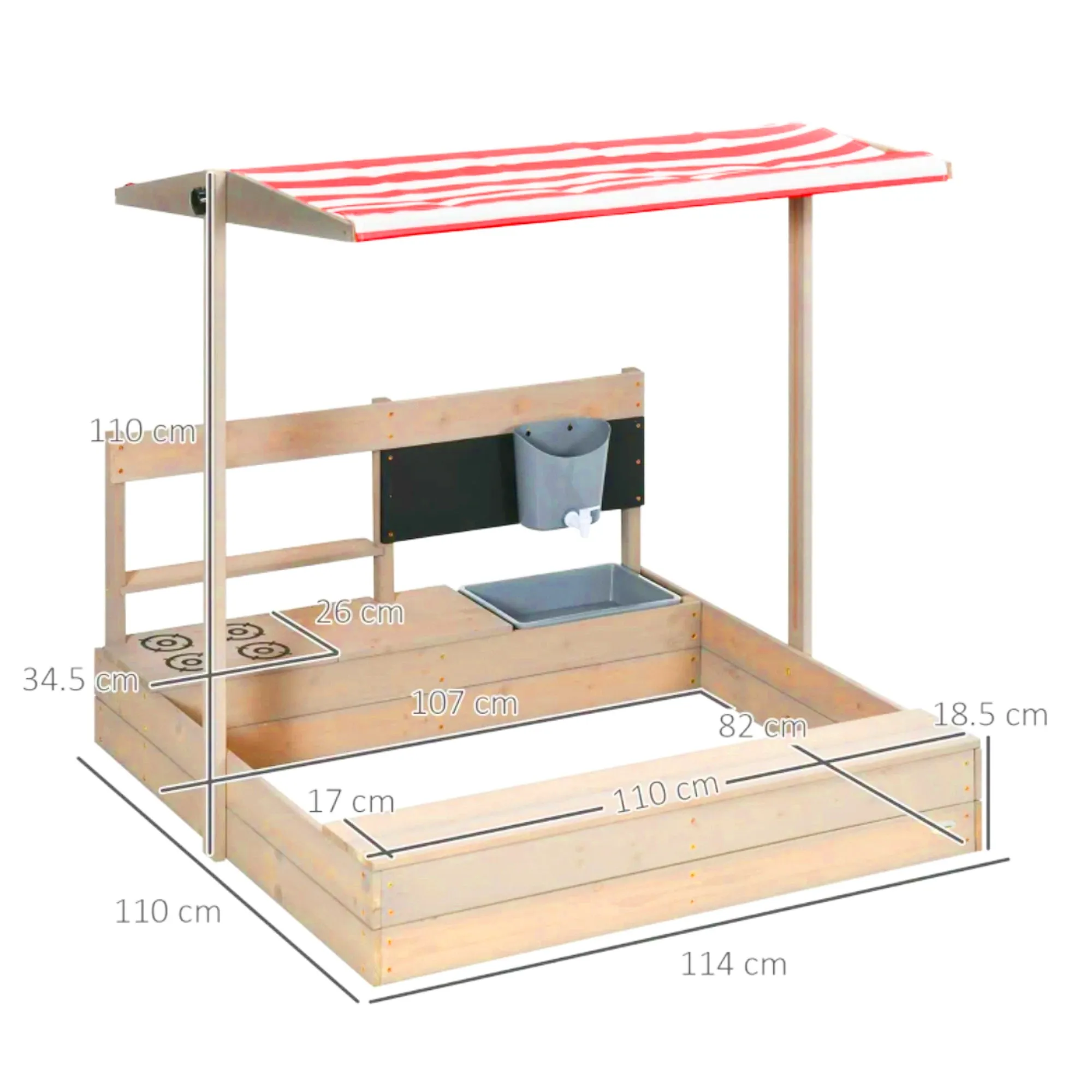 3-in-1 Montessori Eco Natural Fir Wood Sandpit, Mud Kitchen and Water Play with Sun Canopy & Cover | 3-8 Years
