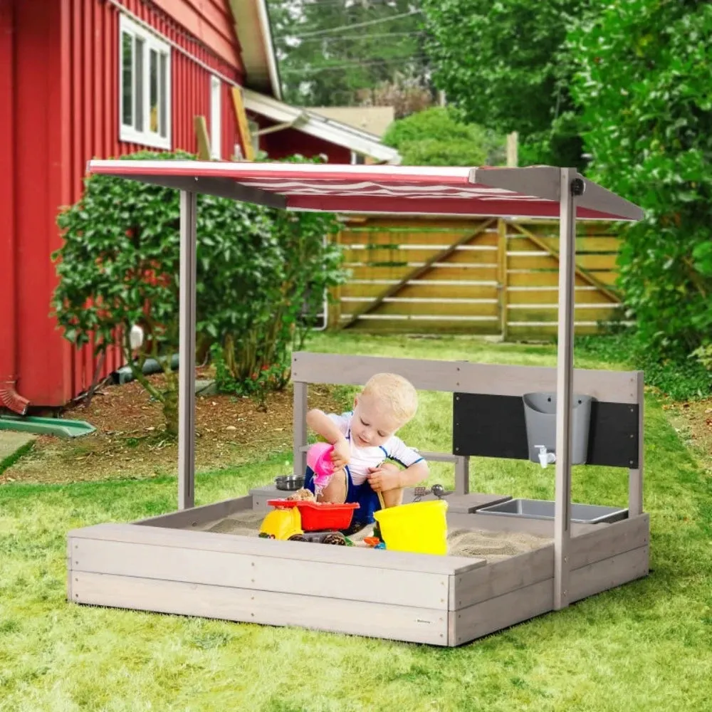 3-in-1 Montessori Eco Natural Fir Wood Sandpit, Mud Kitchen and Water Play with Sun Canopy & Cover | 3-8 Years