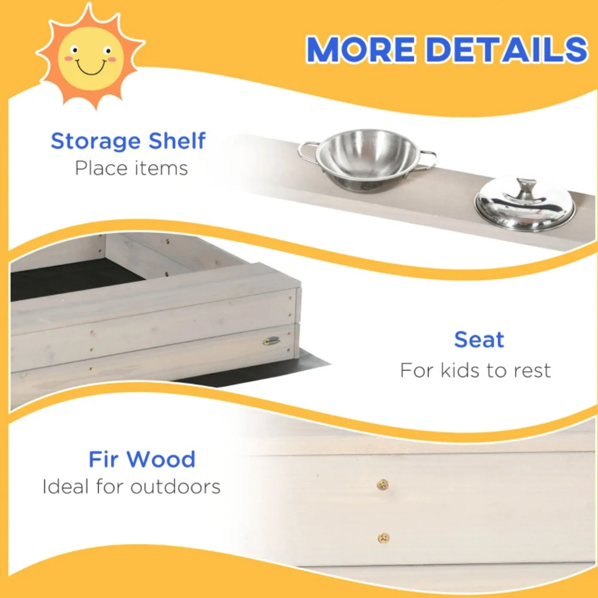 3-in-1 Montessori Eco Natural Fir Wood Sandpit, Mud Kitchen and Water Play with Sun Canopy & Cover | 3-8 Years