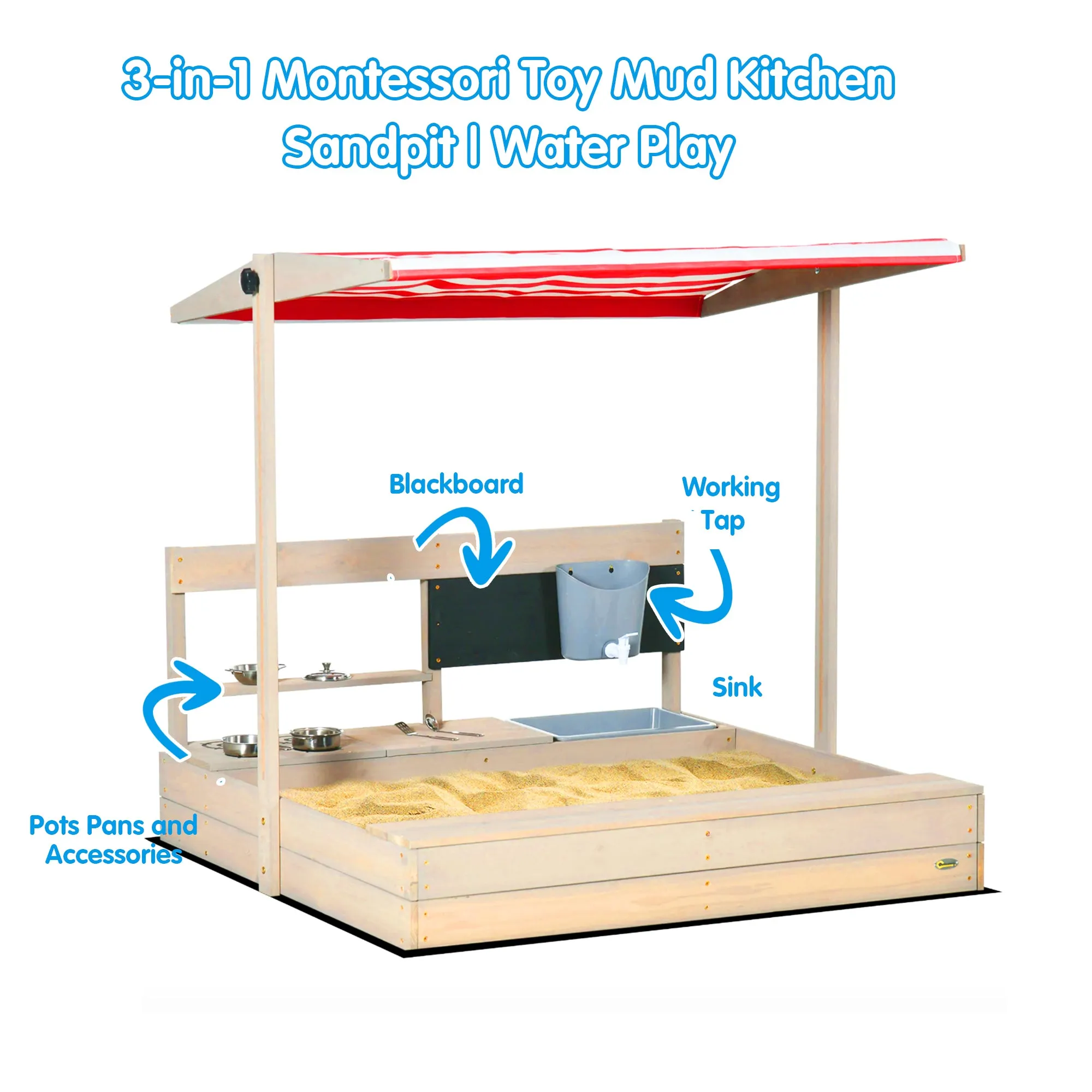 3-in-1 Montessori Eco Natural Fir Wood Sandpit, Mud Kitchen and Water Play with Sun Canopy & Cover | 3-8 Years