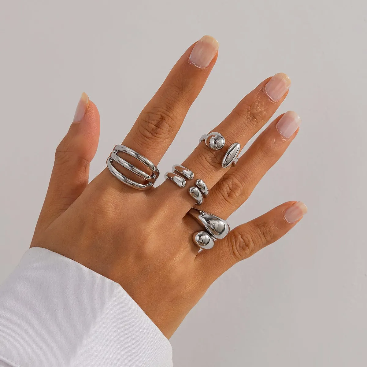 4 Pcs Gold Silver Tone Asymmetric Hollow Pattern Open Ring Set