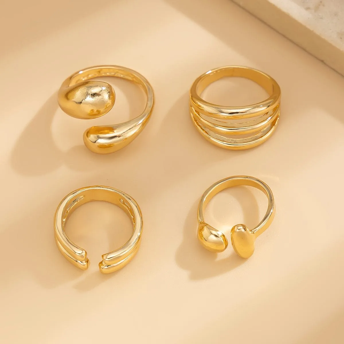 4 Pcs Gold Silver Tone Asymmetric Hollow Pattern Open Ring Set