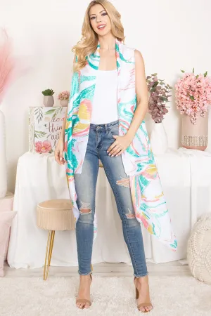 ABSTRACT PRINT KNEE LENGTH OPEN FRONT KIMONO VEST