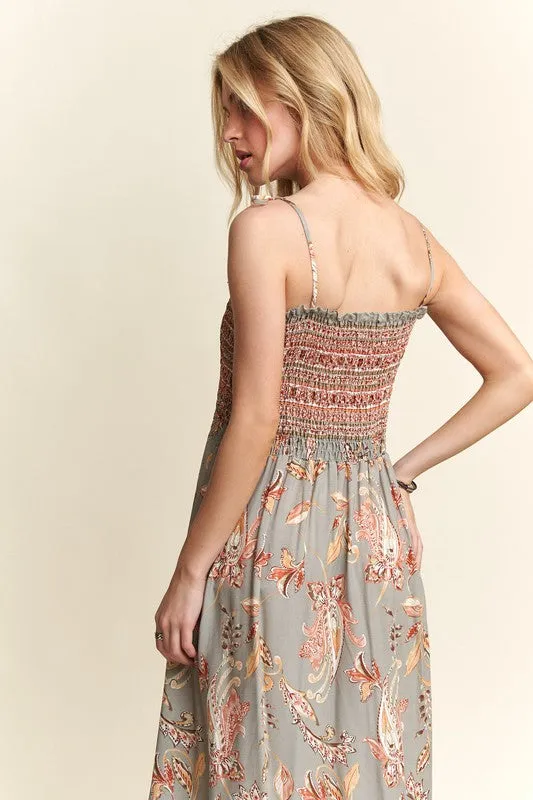 ADORA Vintage Style Print Square Neck Tie Shoulder Cami Dress
