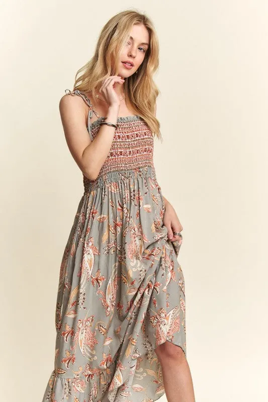 ADORA Vintage Style Print Square Neck Tie Shoulder Cami Dress