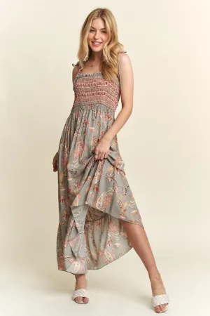 ADORA Vintage Style Print Square Neck Tie Shoulder Cami Dress