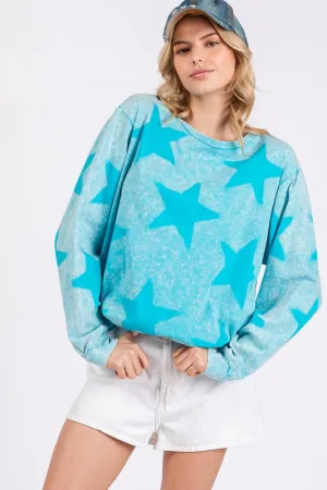 Aqua Blue Mineral Wash Star Pattern T-Shirt