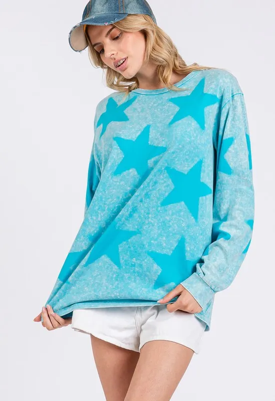 Aqua Blue Mineral Wash Star Pattern T-Shirt