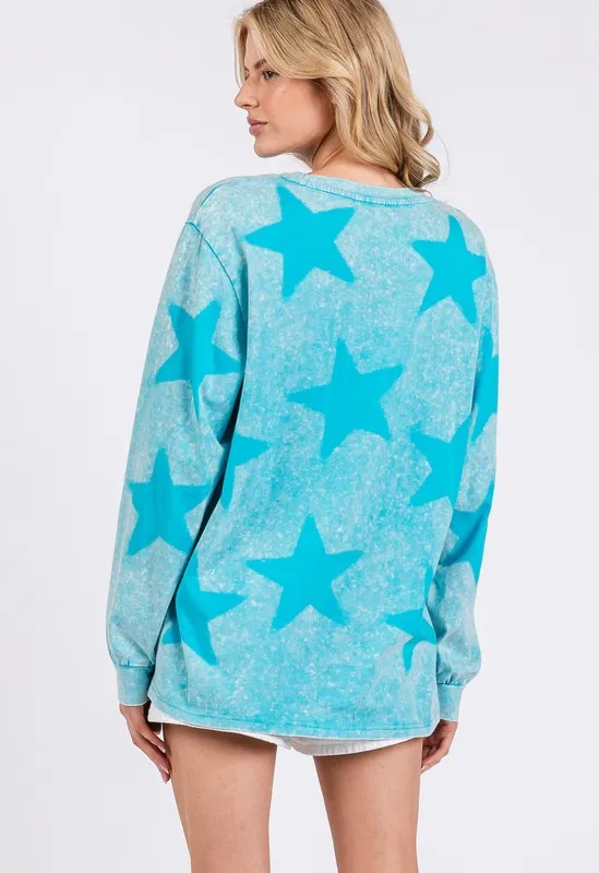 Aqua Blue Mineral Wash Star Pattern T-Shirt