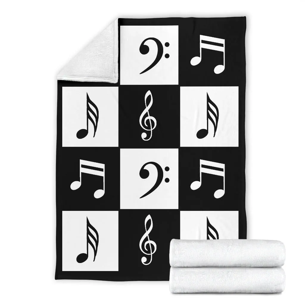 Black and White Large Checkered Music Notes Pattern Fleece Throw Blanket