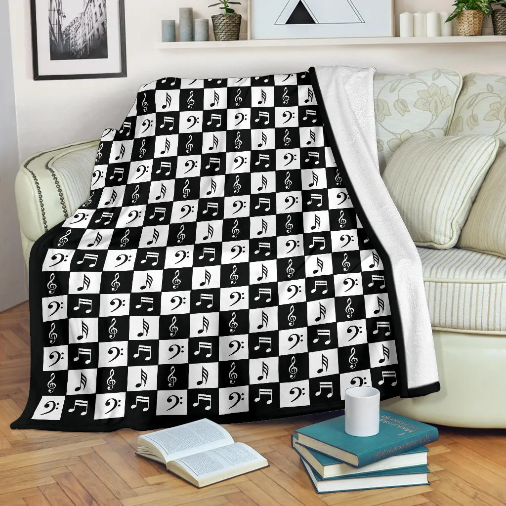 Black and White Music Notes Checkered Pattern Fleece Throw Blanket