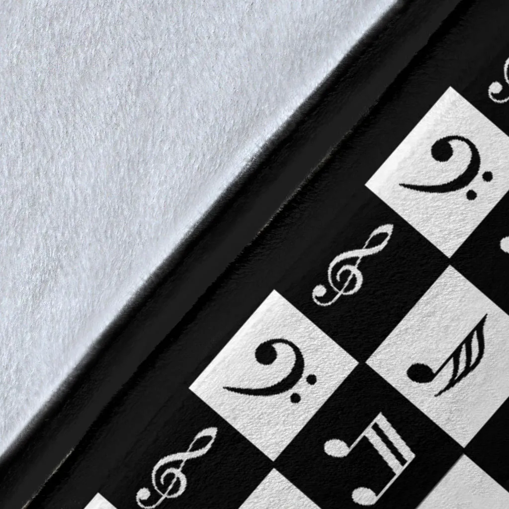 Black and White Music Notes Checkered Pattern Fleece Throw Blanket