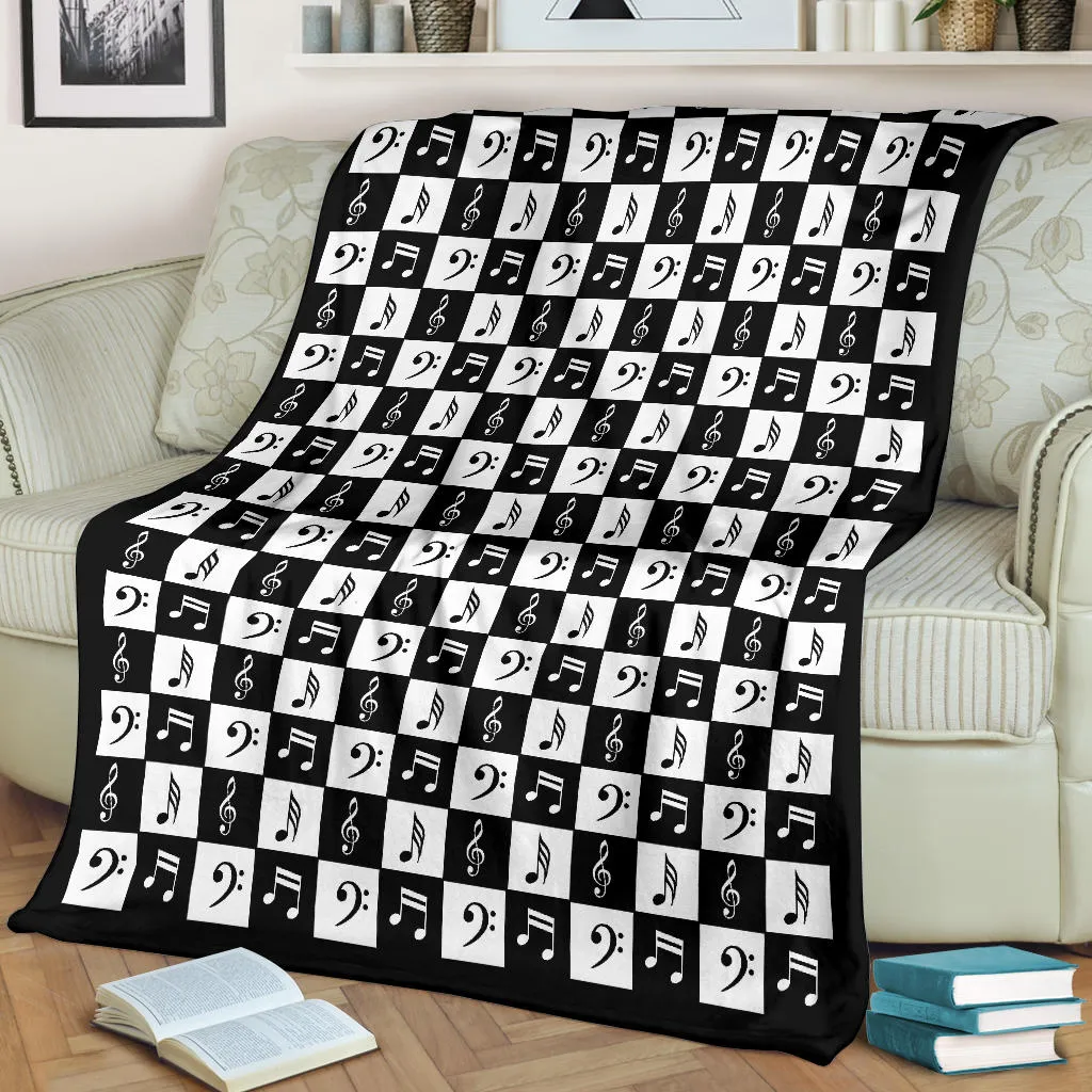 Black and White Music Notes Checkered Pattern Fleece Throw Blanket