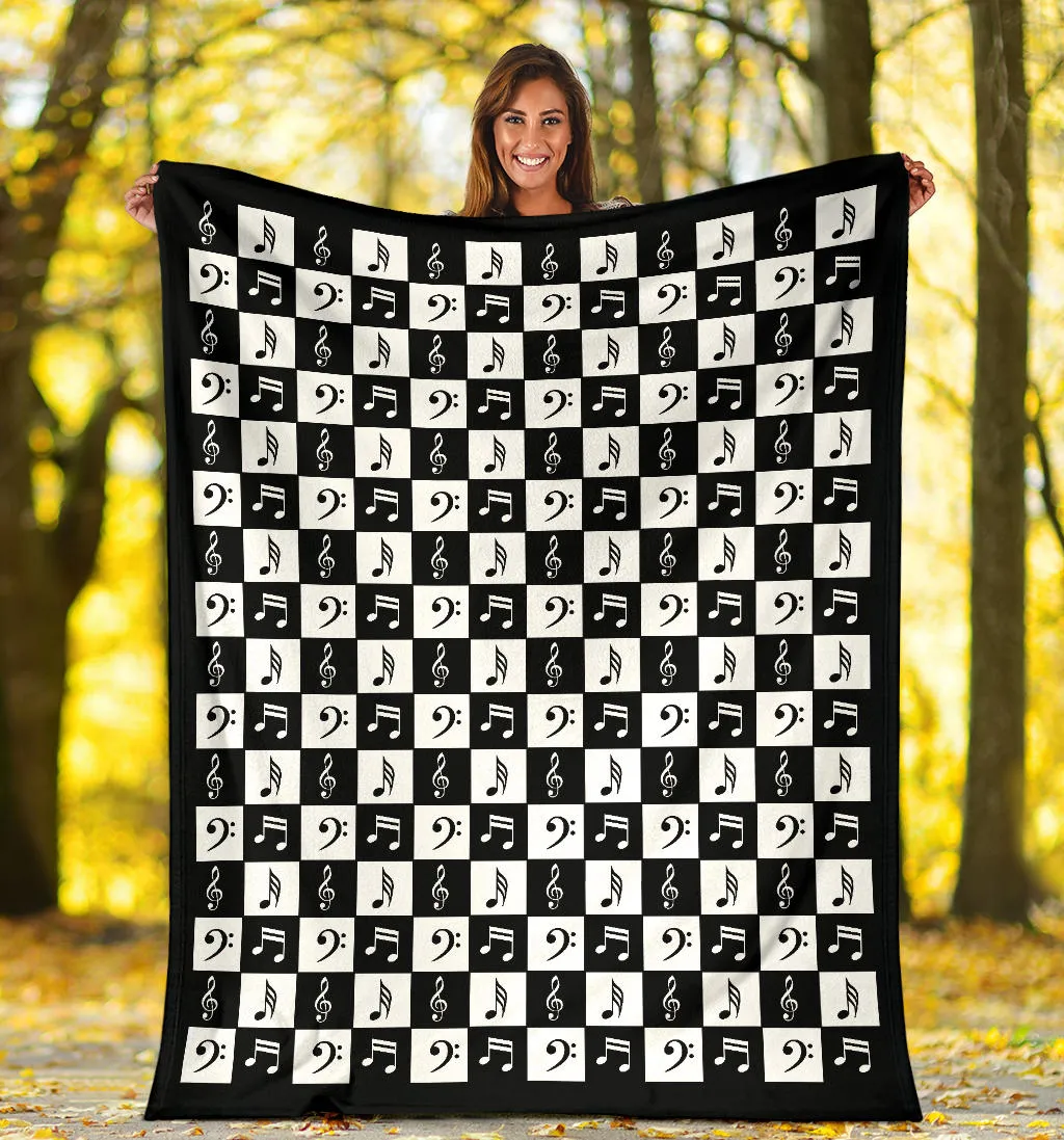 Black and White Music Notes Checkered Pattern Fleece Throw Blanket