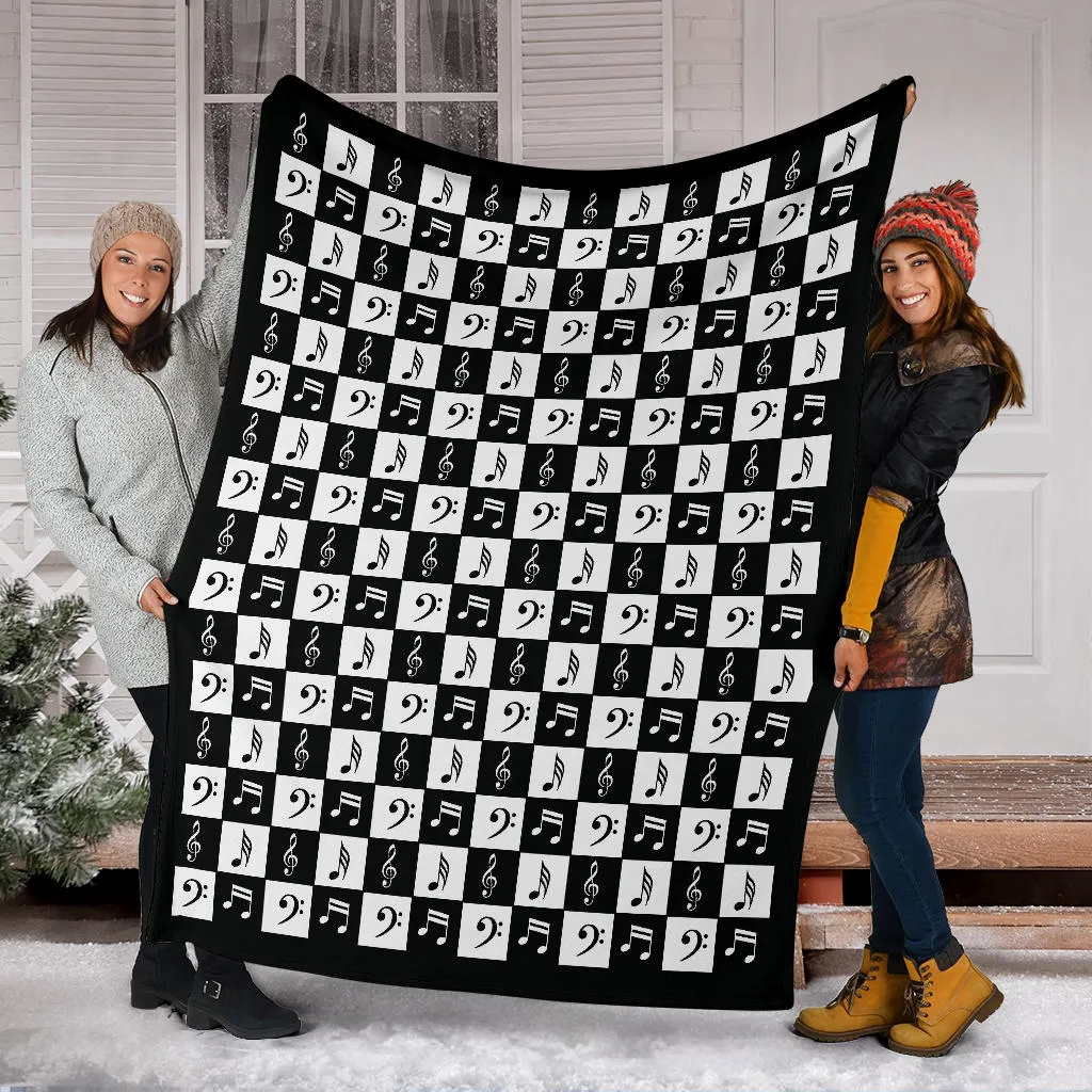 Black and White Music Notes Checkered Pattern Fleece Throw Blanket