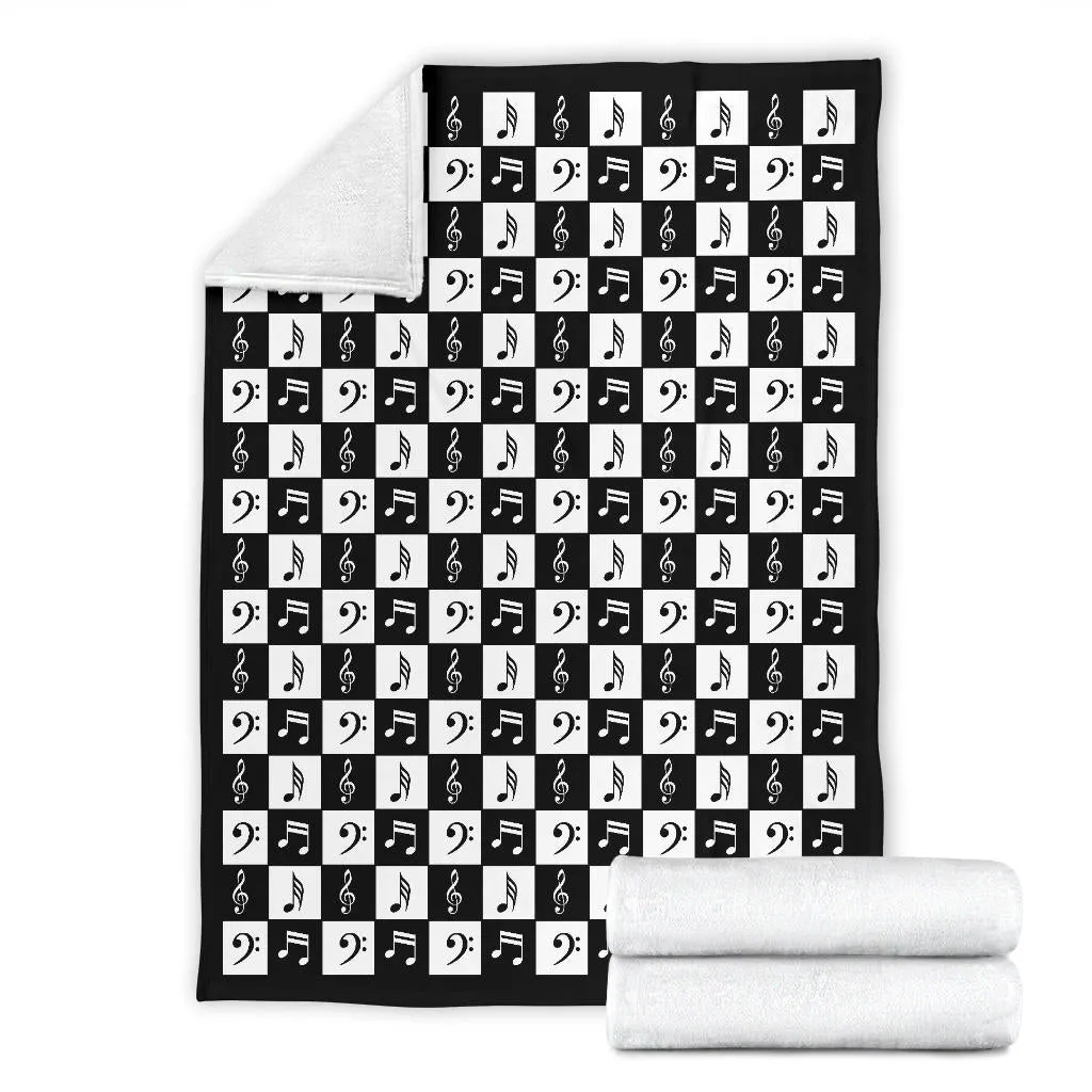 Black and White Music Notes Checkered Pattern Fleece Throw Blanket