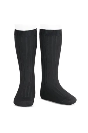 Black Wide Ribbed Knee High Socks