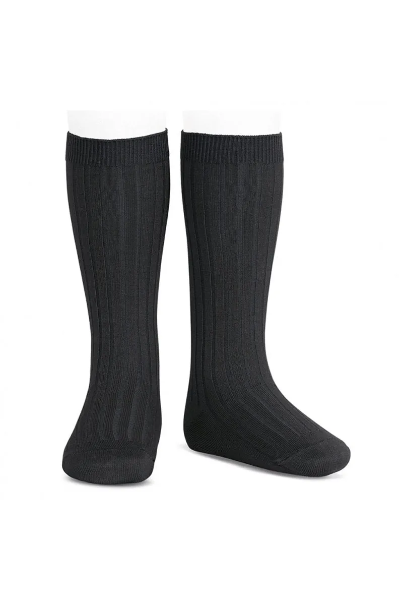 Black Wide Ribbed Knee High Socks