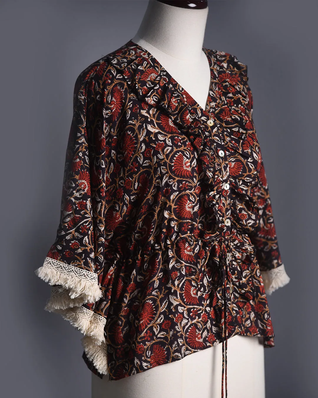 Black With Maroon Ready To Wear Pure Modal Cotton Hand Block Printed Kaftan Top