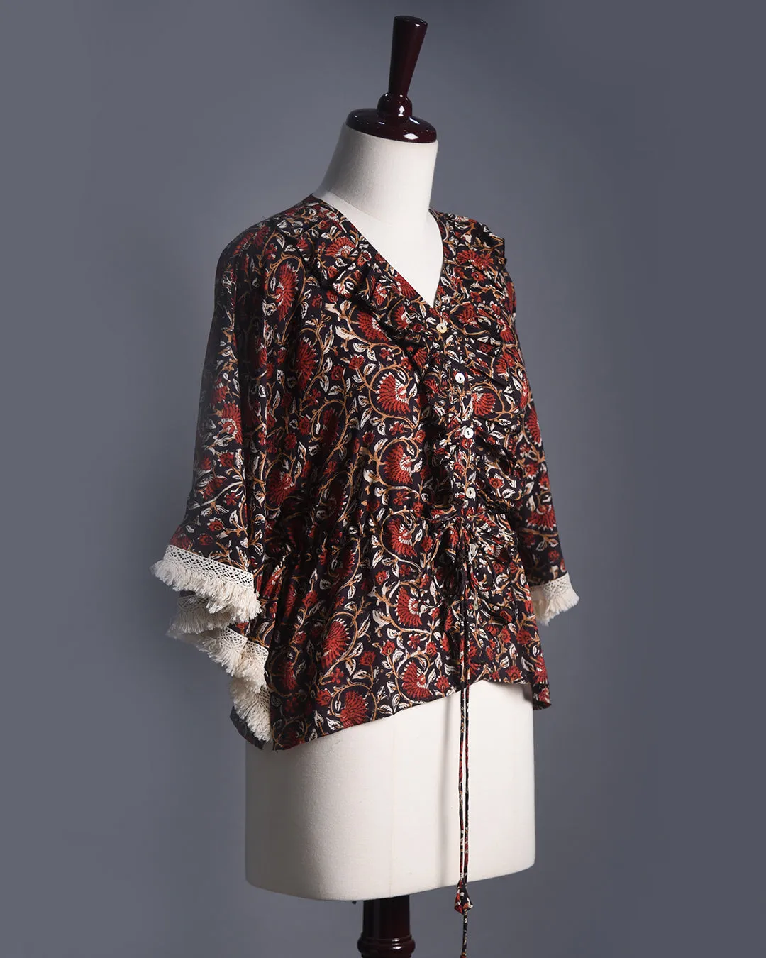Black With Maroon Ready To Wear Pure Modal Cotton Hand Block Printed Kaftan Top