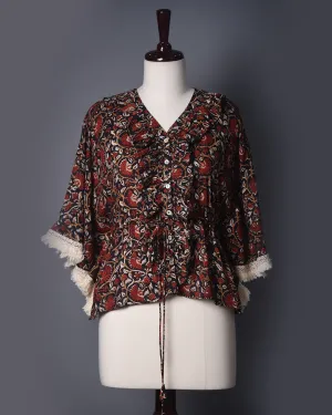 Black With Maroon Ready To Wear Pure Modal Cotton Hand Block Printed Kaftan Top