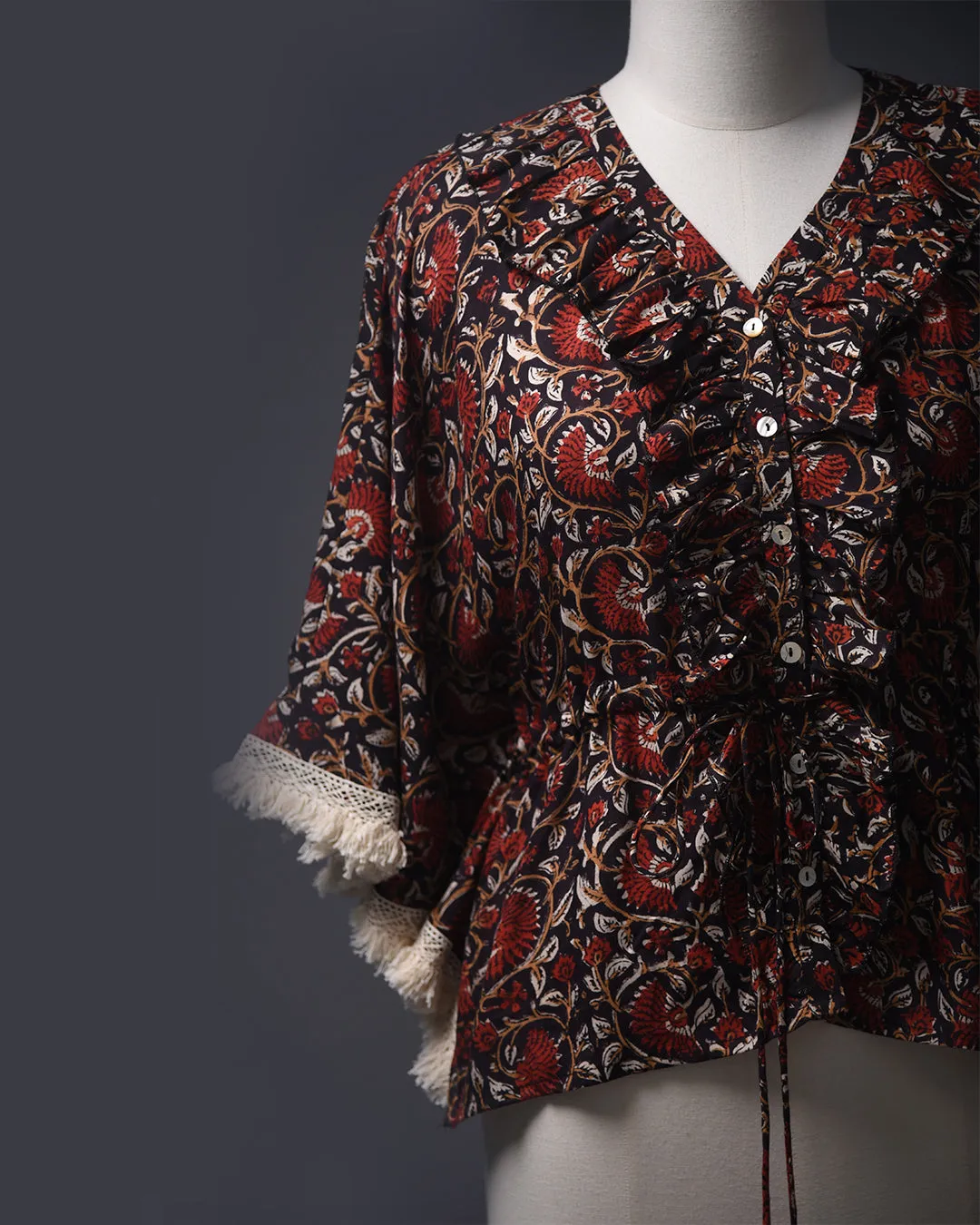Black With Maroon Ready To Wear Pure Modal Cotton Hand Block Printed Kaftan Top
