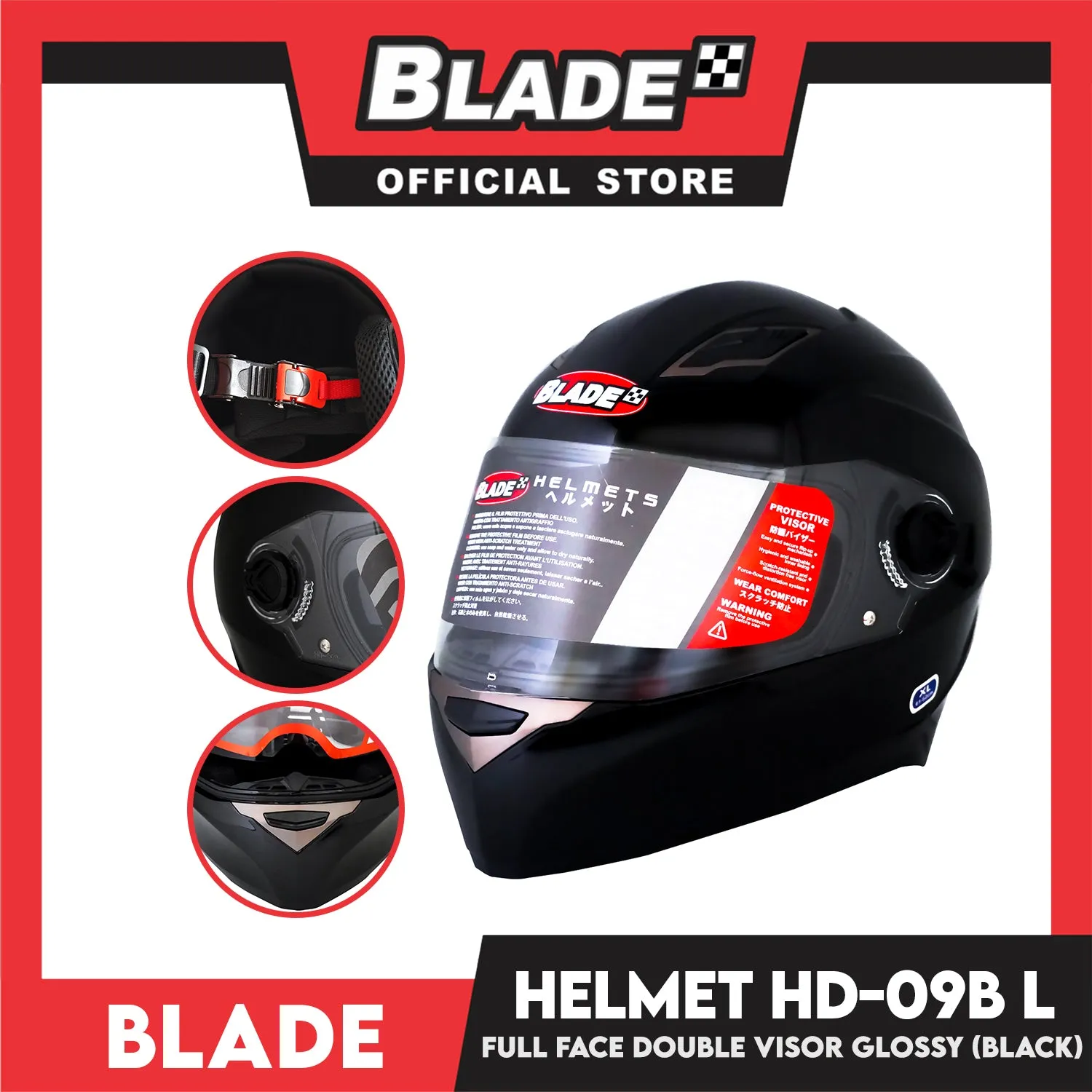 Blade Helmet Full Face Double Visor HD-09B Black Glossy (Large)