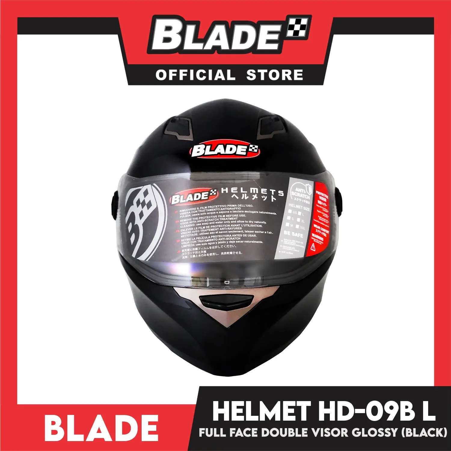 Blade Helmet Full Face Double Visor HD-09B Black Glossy (Large)