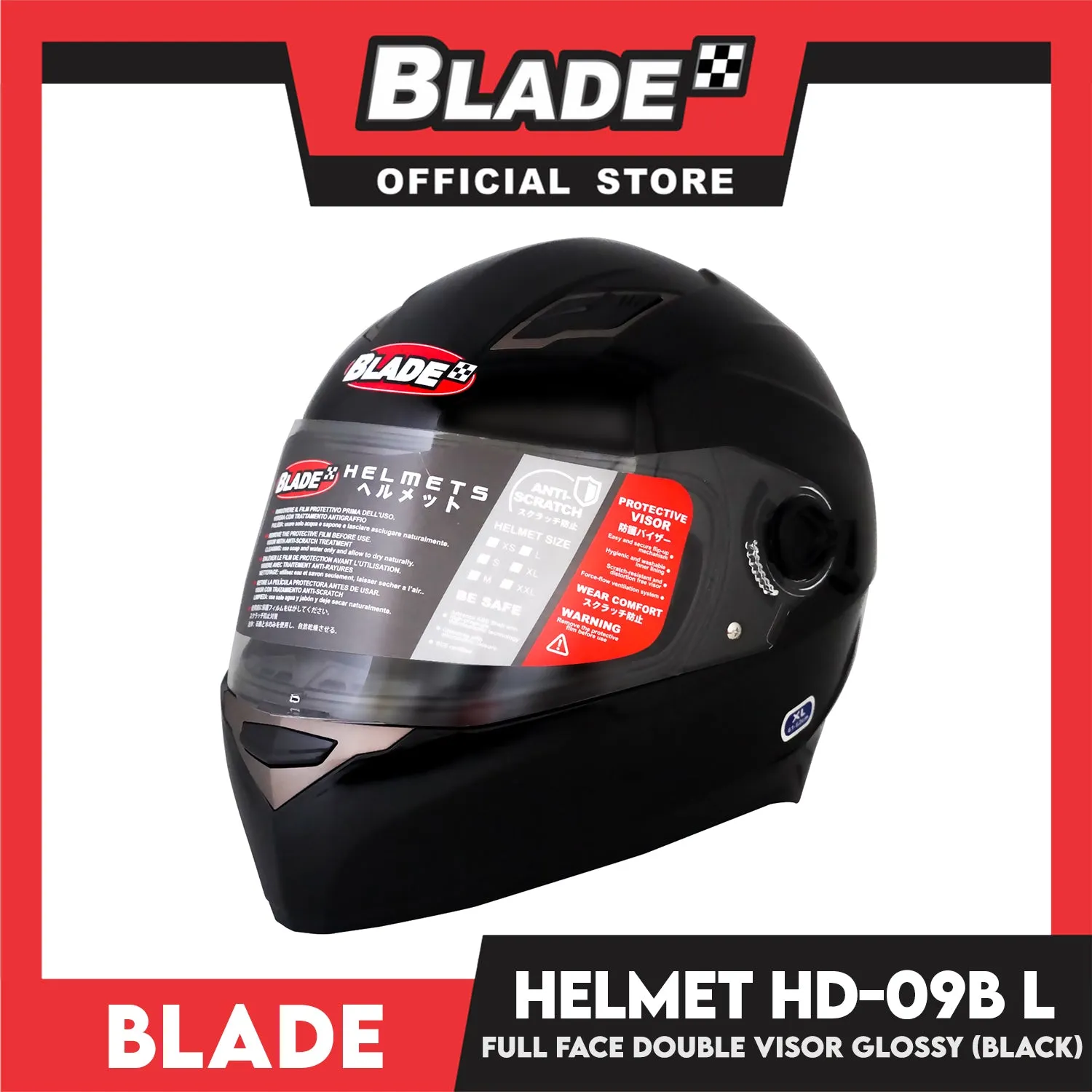 Blade Helmet Full Face Double Visor HD-09B Black Glossy (Large)