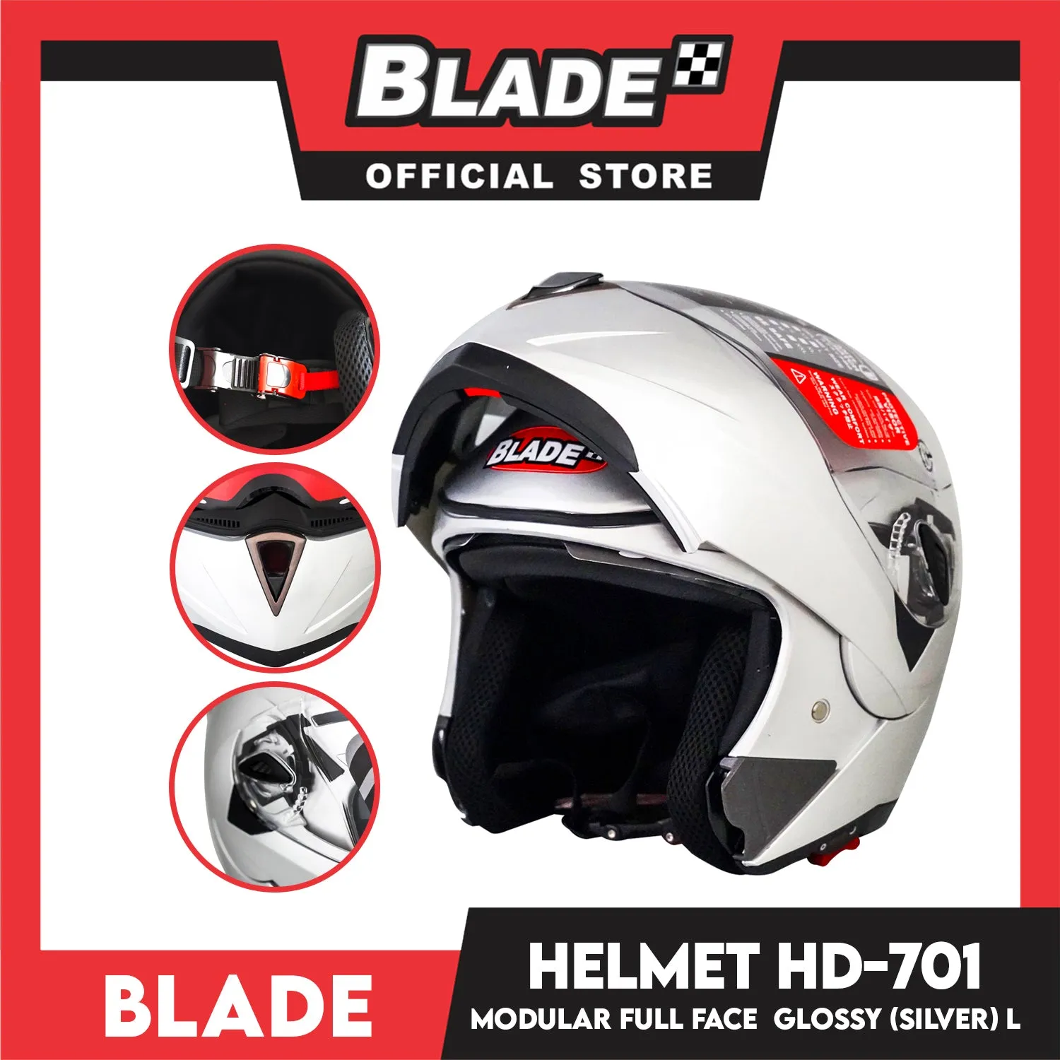 Blade Helmet Modular Full Face HD-701 Glossy Silver Large